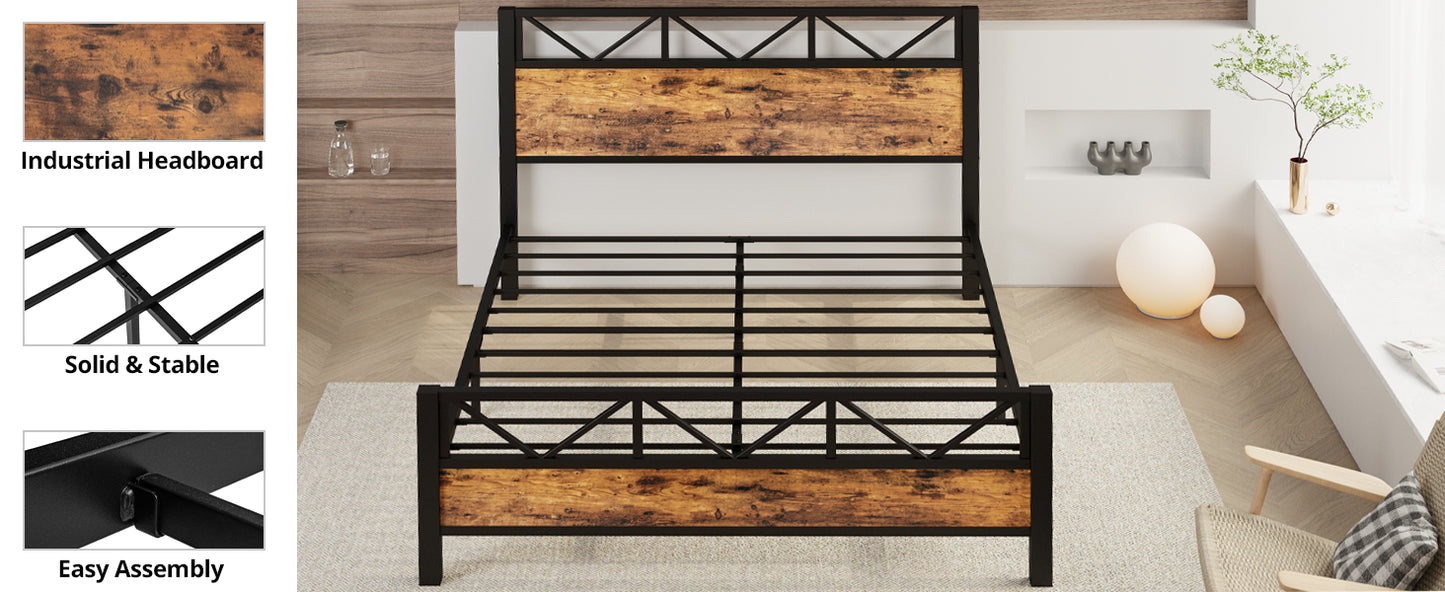 Vintage Brown Tall Headboard Bed Frame