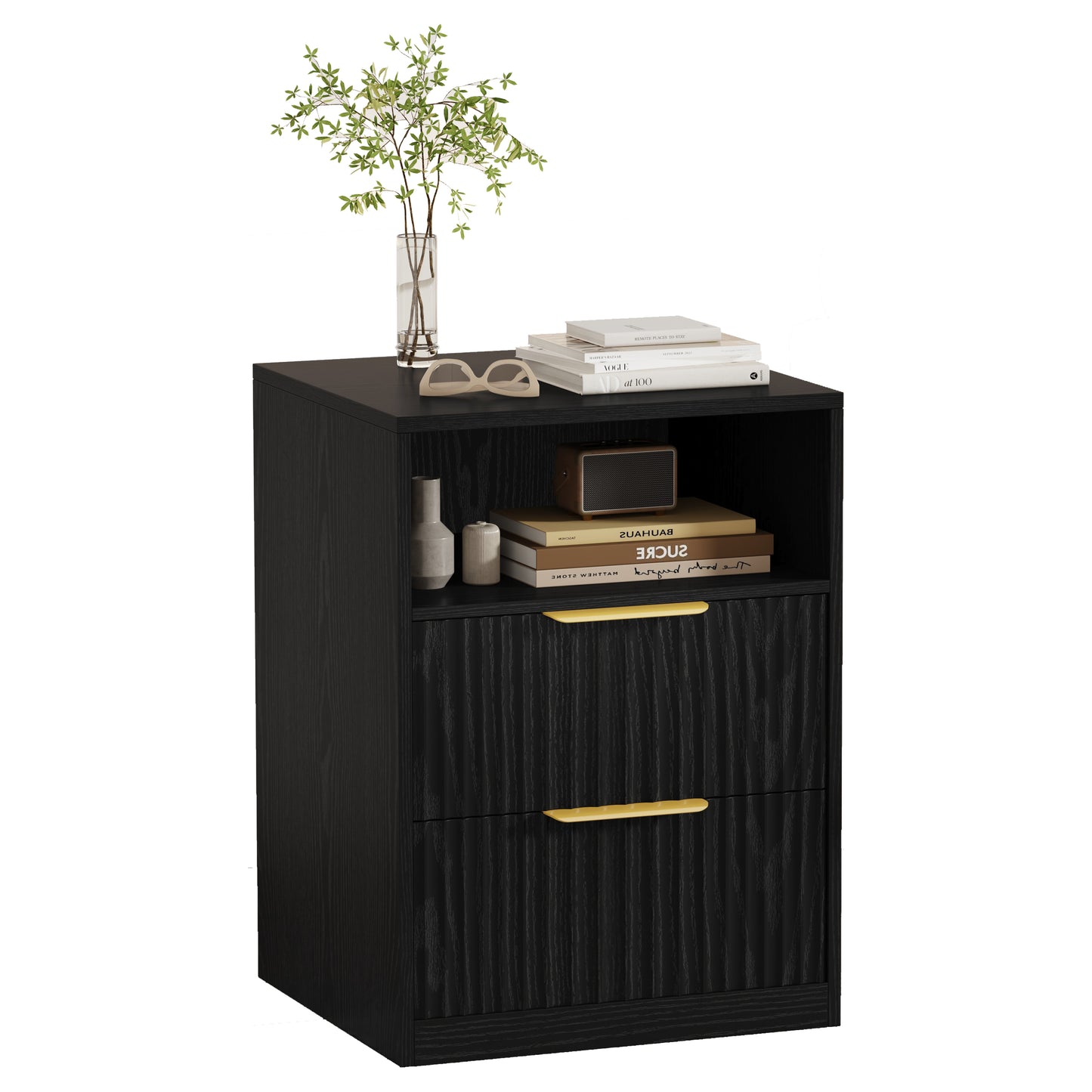 Modern Nightstand with 2 Drawers and Open Shelf