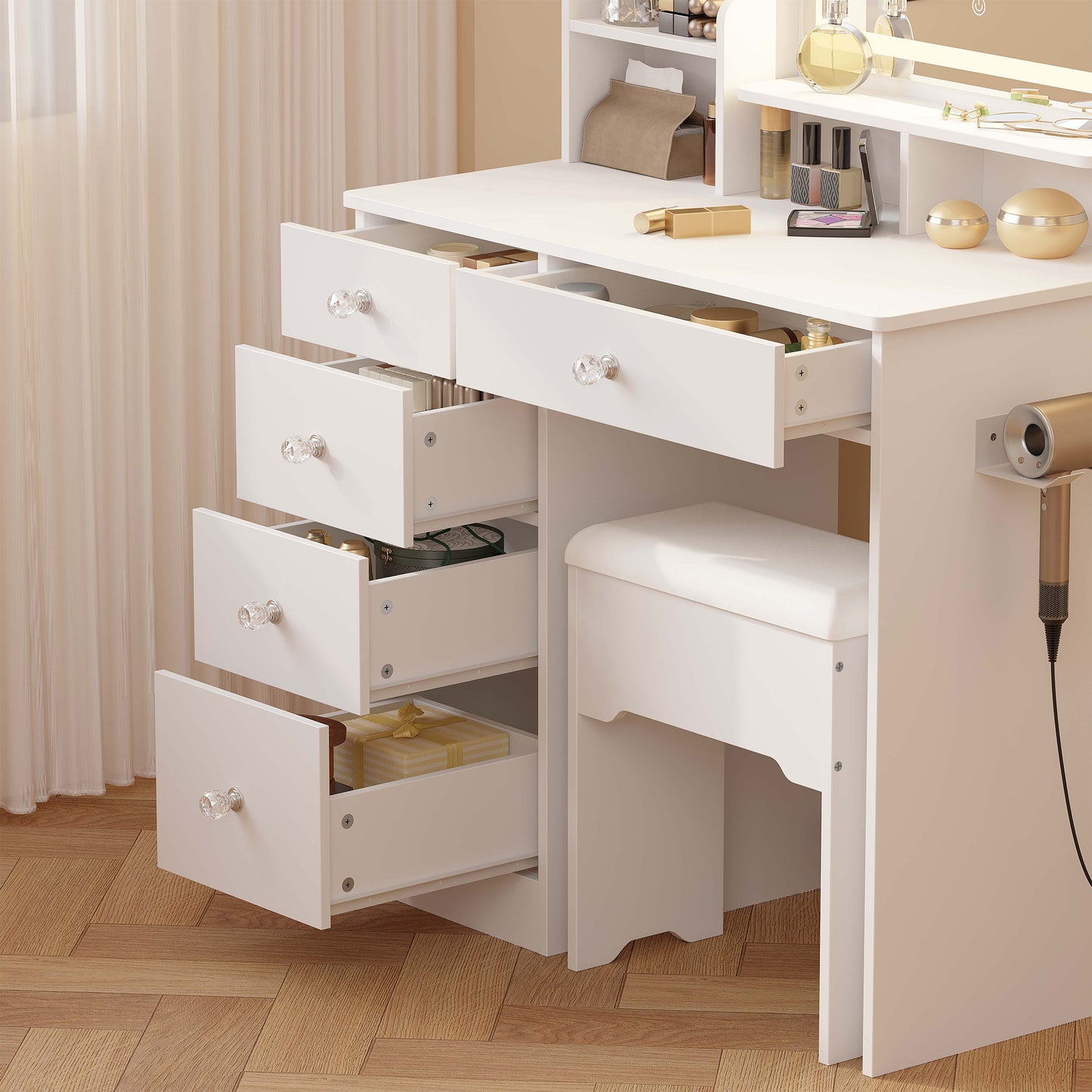 Makeup Table with Drawers & Storage Stool for Bedroom