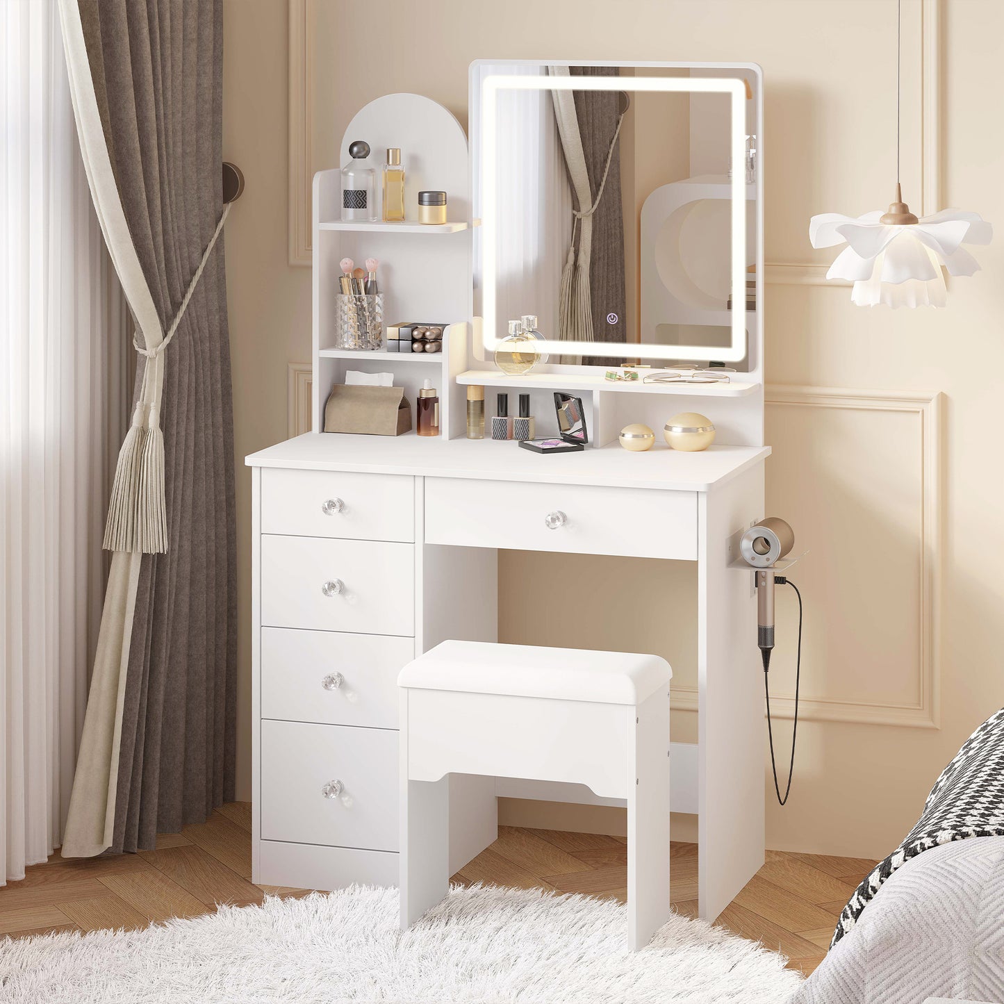 Makeup Table with Drawers & Storage Stool for Bedroom