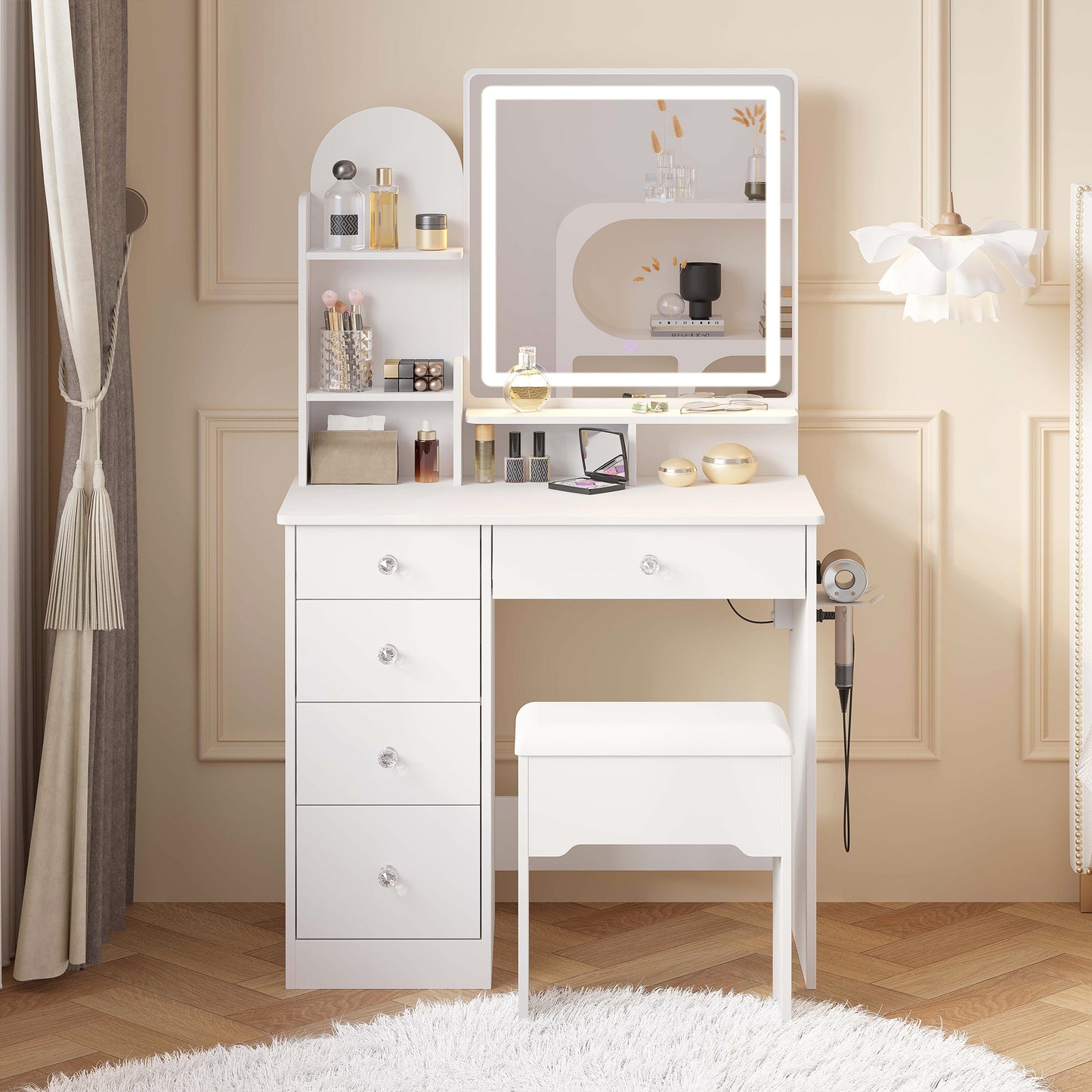 Makeup Table with Drawers & Storage Stool for Bedroom