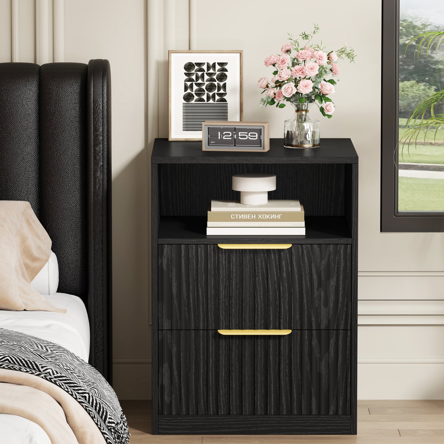 Modern Nightstand with 2 Drawers and Open Shelf