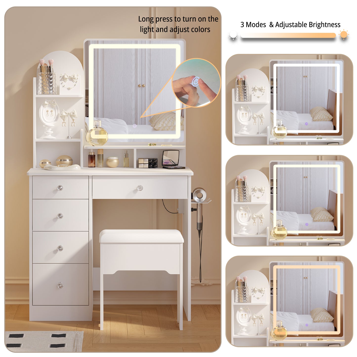 Makeup Table with Drawers & Storage Stool for Bedroom