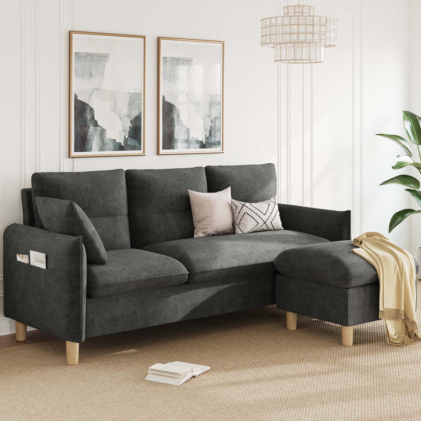 3 Seat L-Shaped Couch with Movable Ottoman