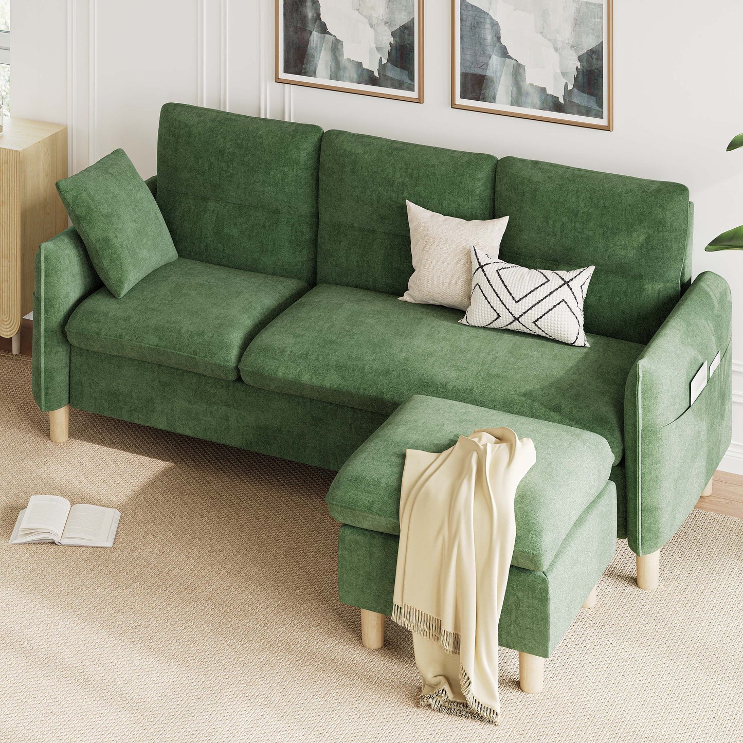 3 Seat L-Shaped Couch with Movable Ottoman