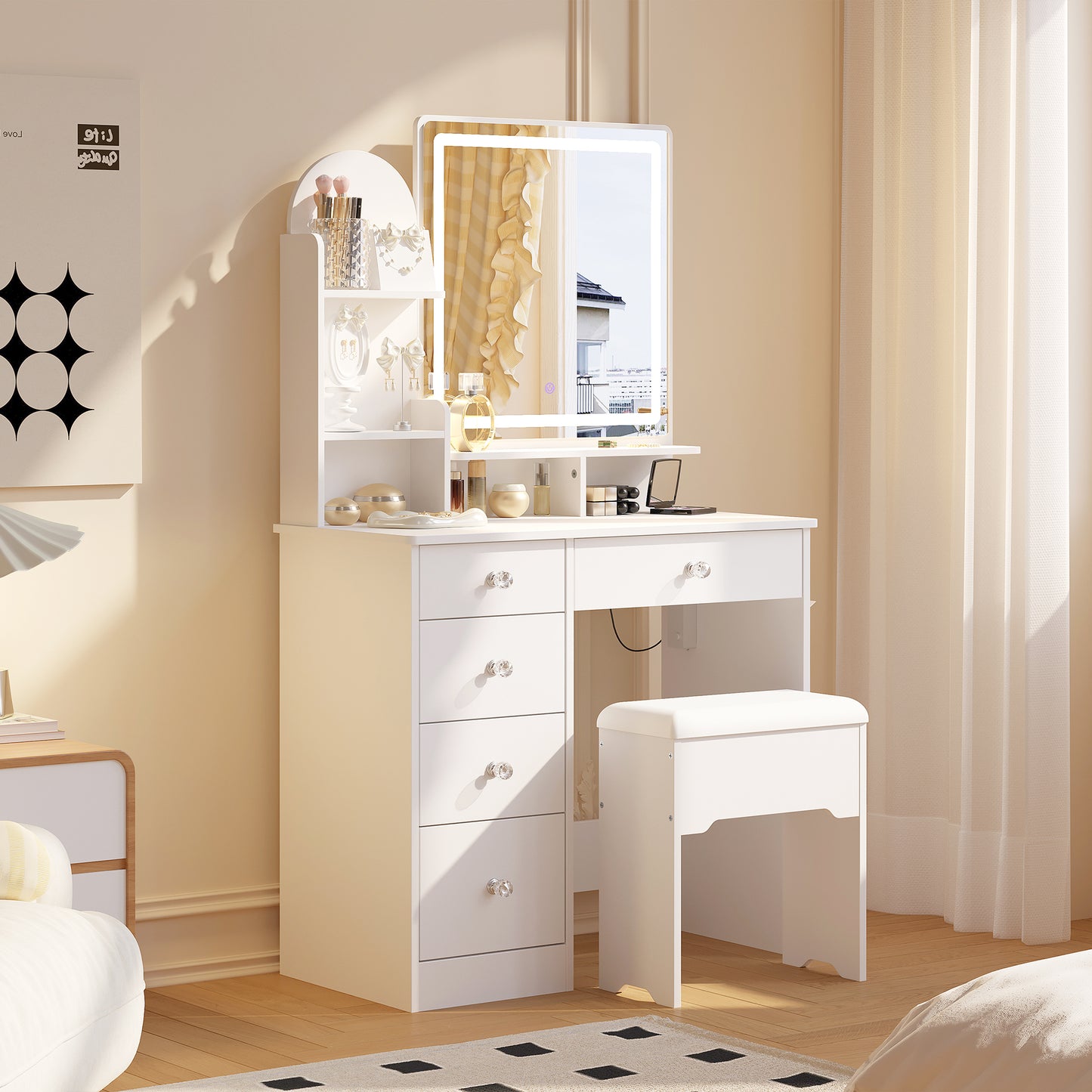 Makeup Table with Drawers & Storage Stool for Bedroom