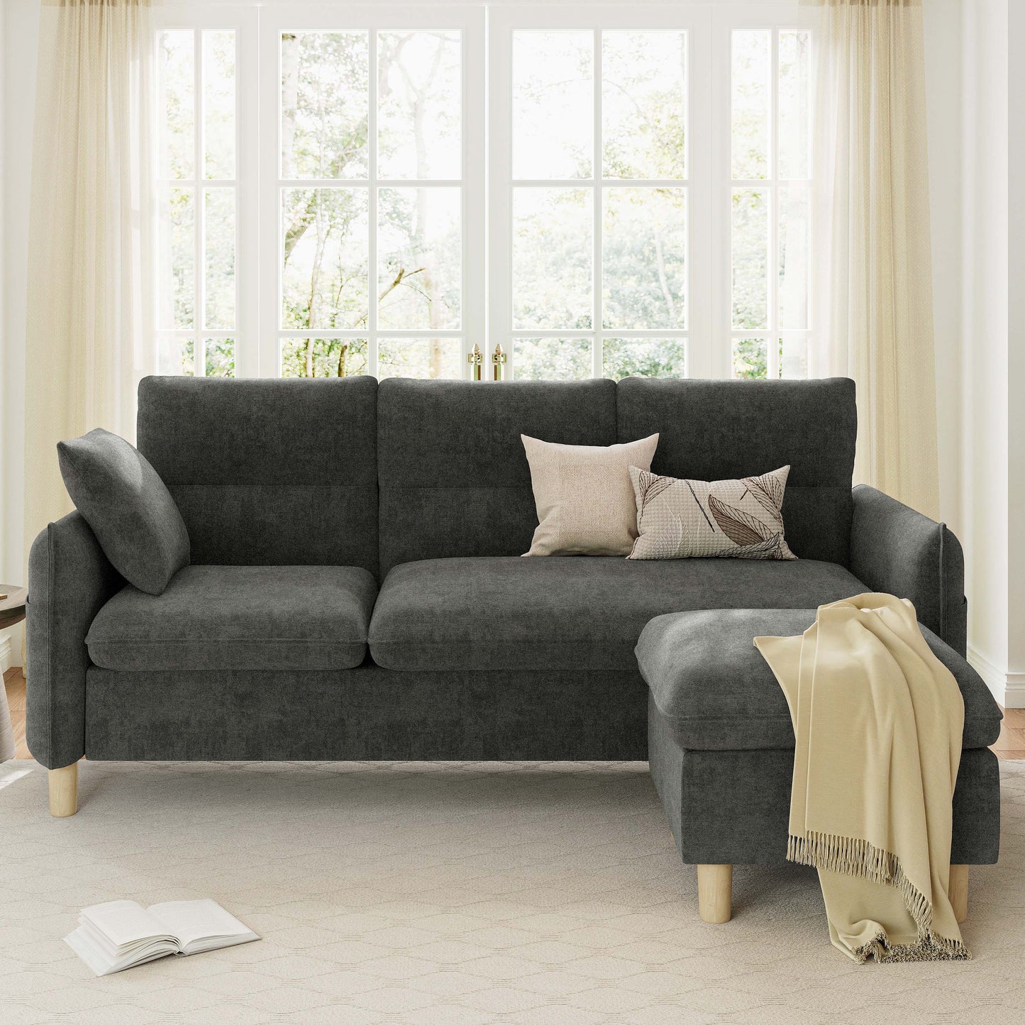 3 Seat L-Shaped Couch with Movable Ottoman