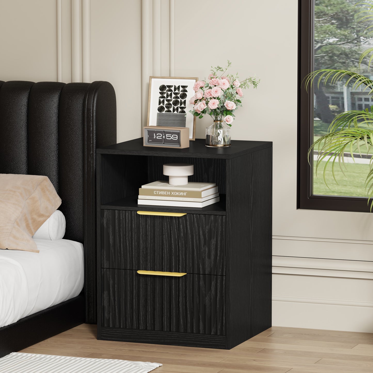 Modern Nightstand with 2 Drawers and Open Shelf