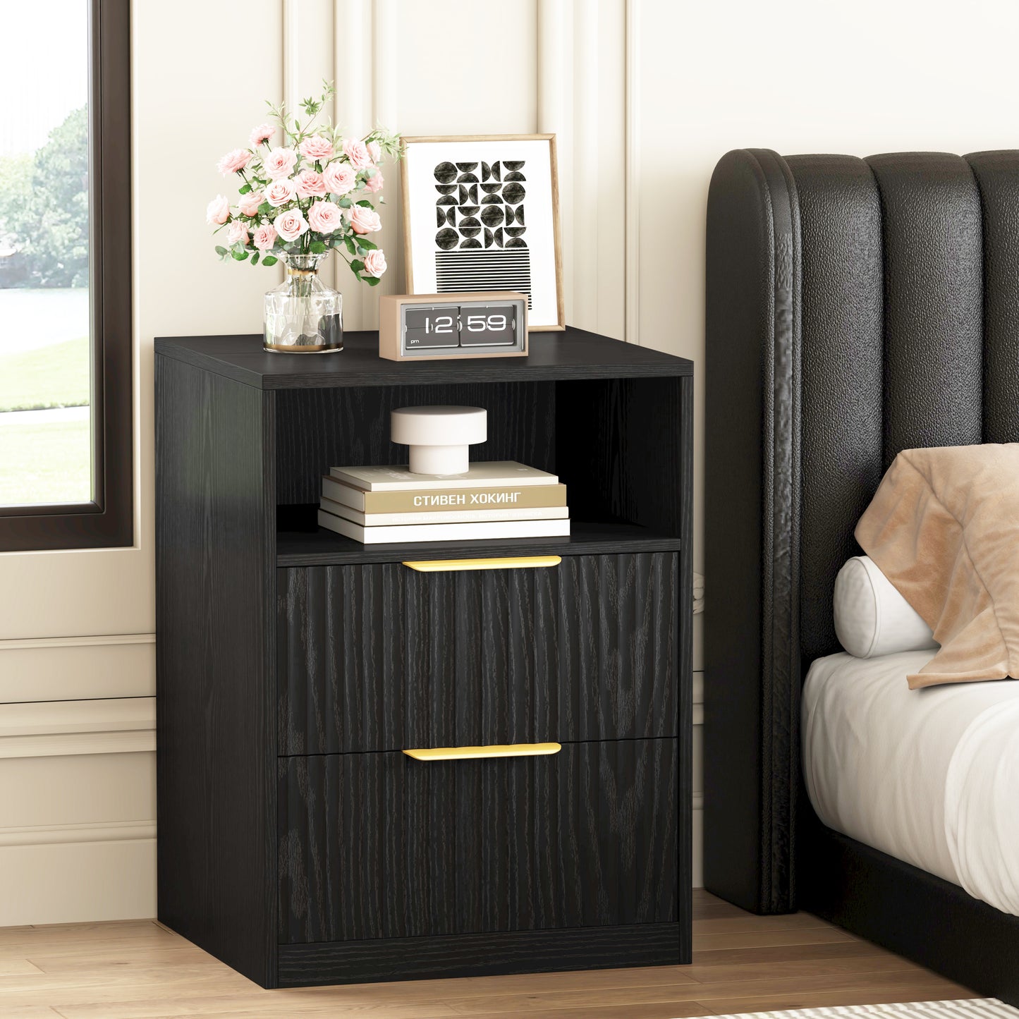 Modern Nightstand with 2 Drawers and Open Shelf
