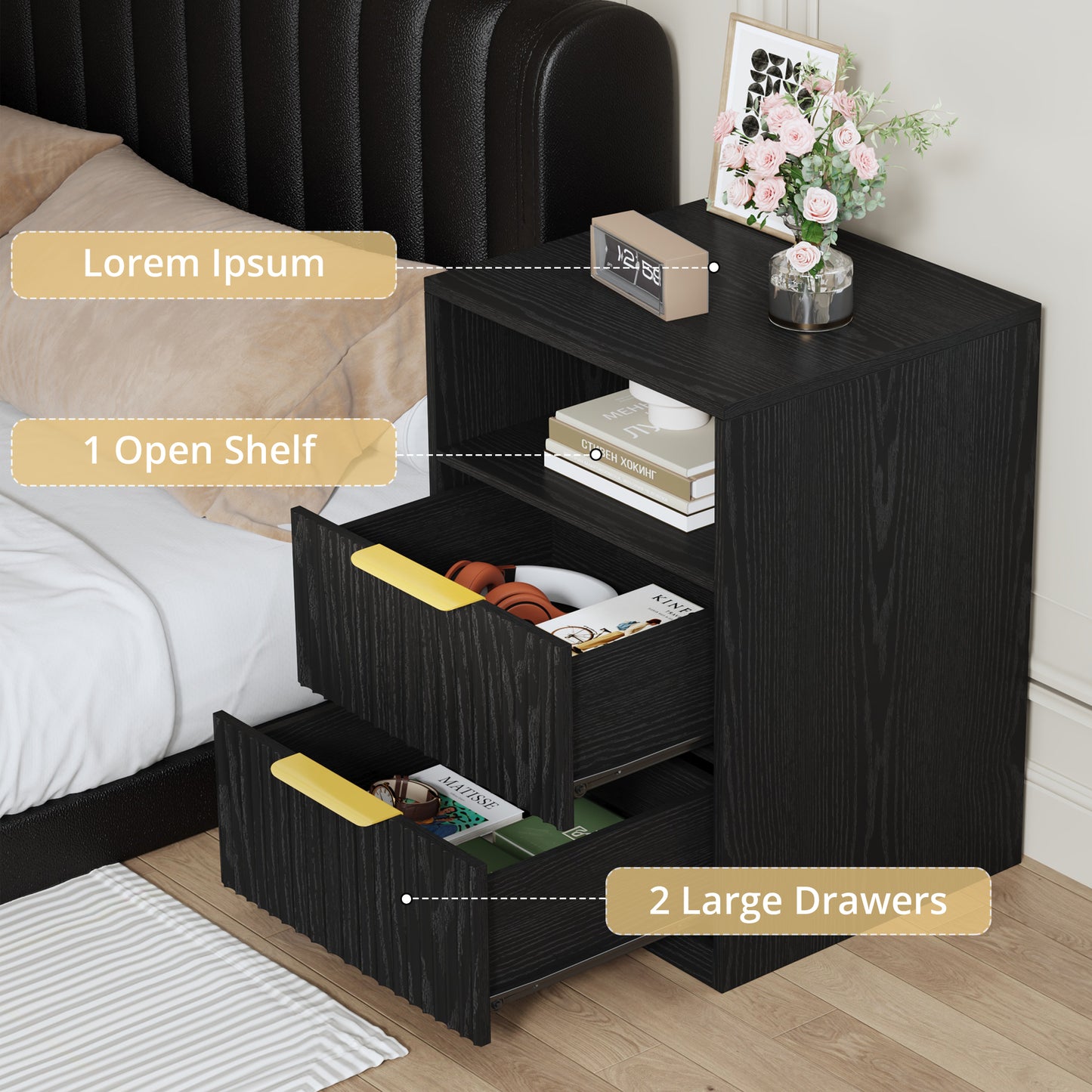 Modern Nightstand with 2 Drawers and Open Shelf