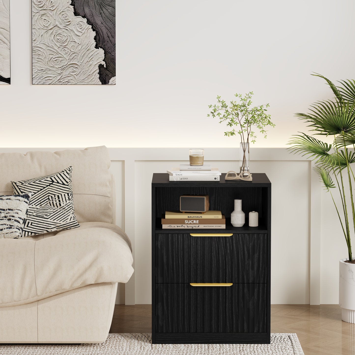 Modern Nightstand with 2 Drawers and Open Shelf