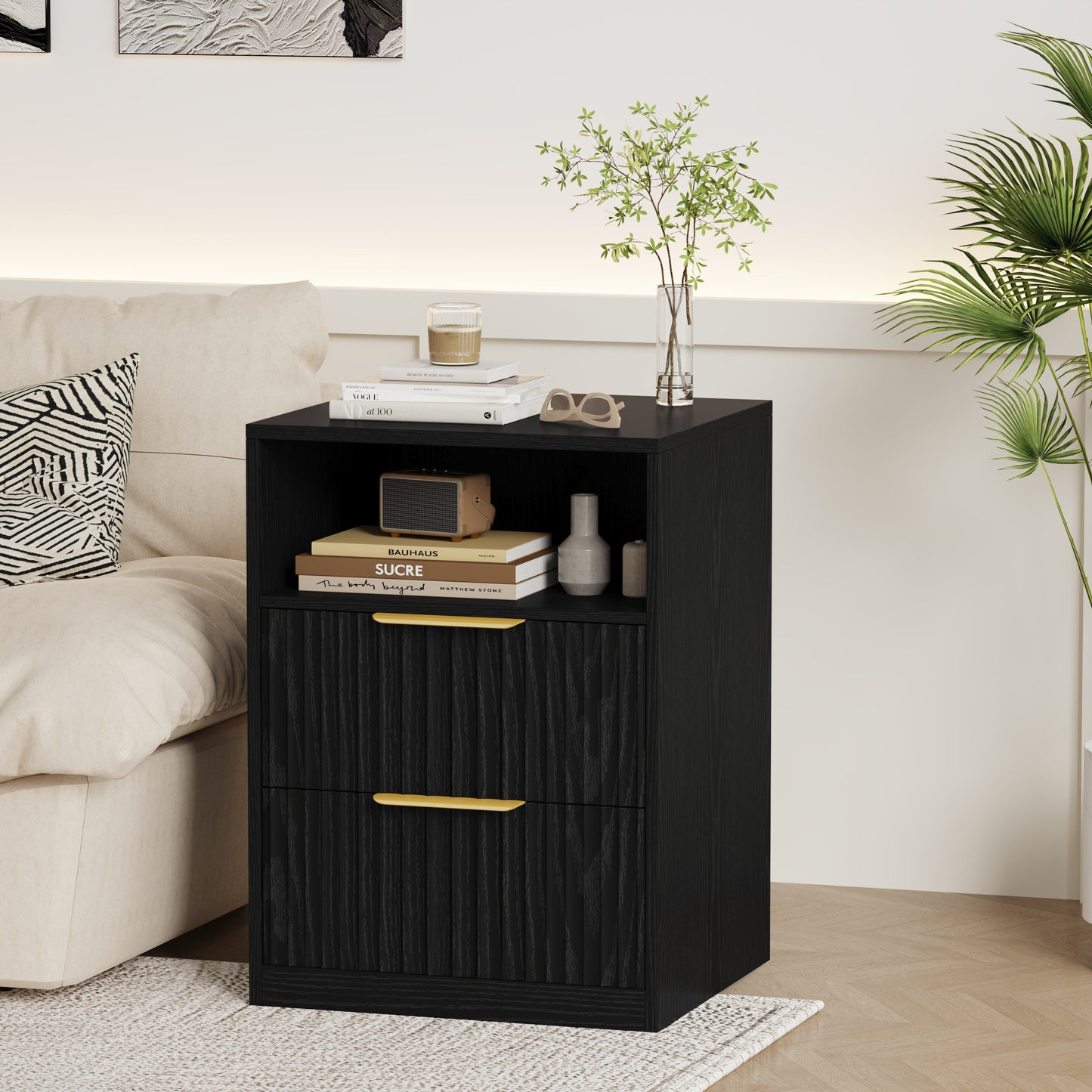 Modern Nightstand with 2 Drawers and Open Shelf
