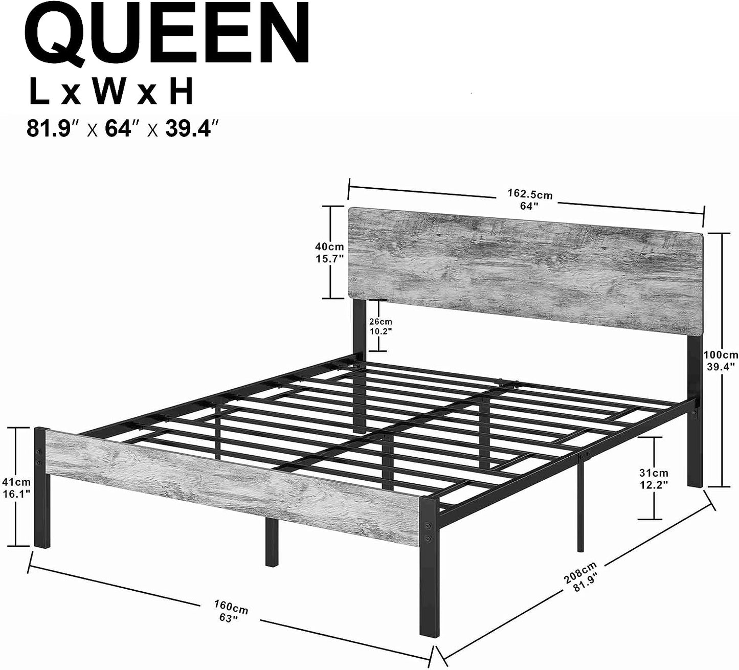 Metal Bed Frame with Headboard Industrial Gray