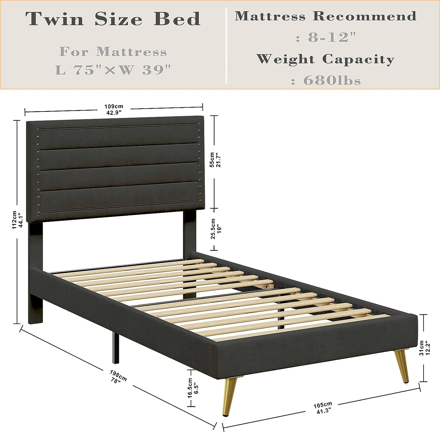 Noise-Free Black Upholstered Platform Bed with Headboard