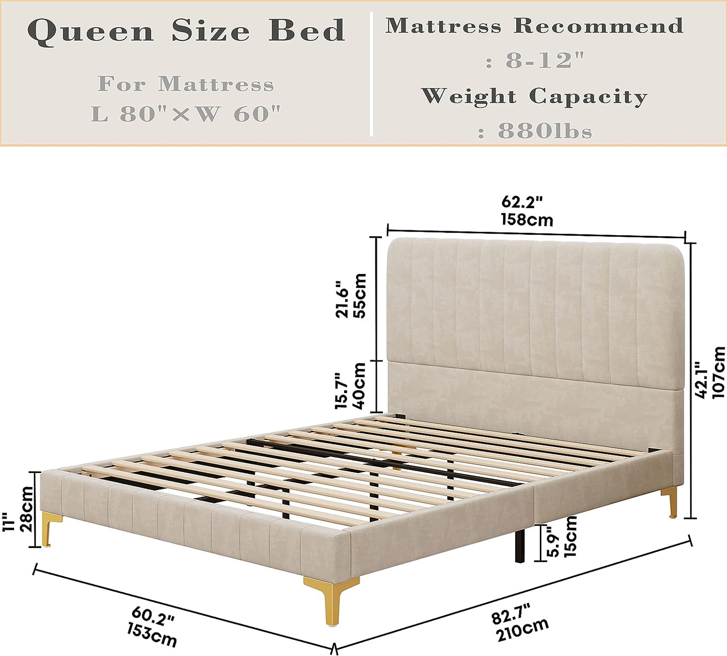 Platform Bed Frame with Upholstered Headboard Beige