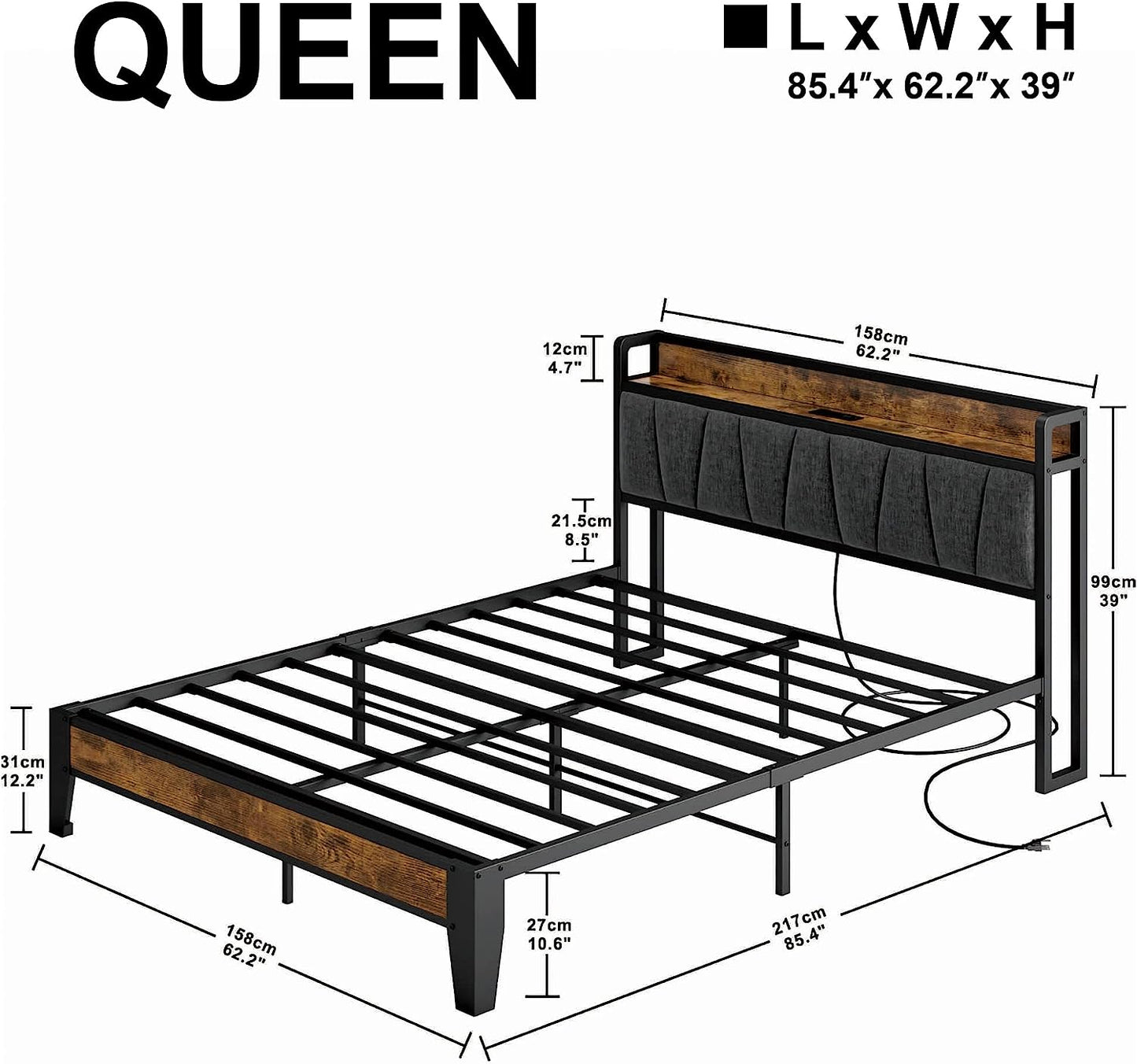 LIKIMIO Storage Headboard Bed Frame with Charging Station Grey