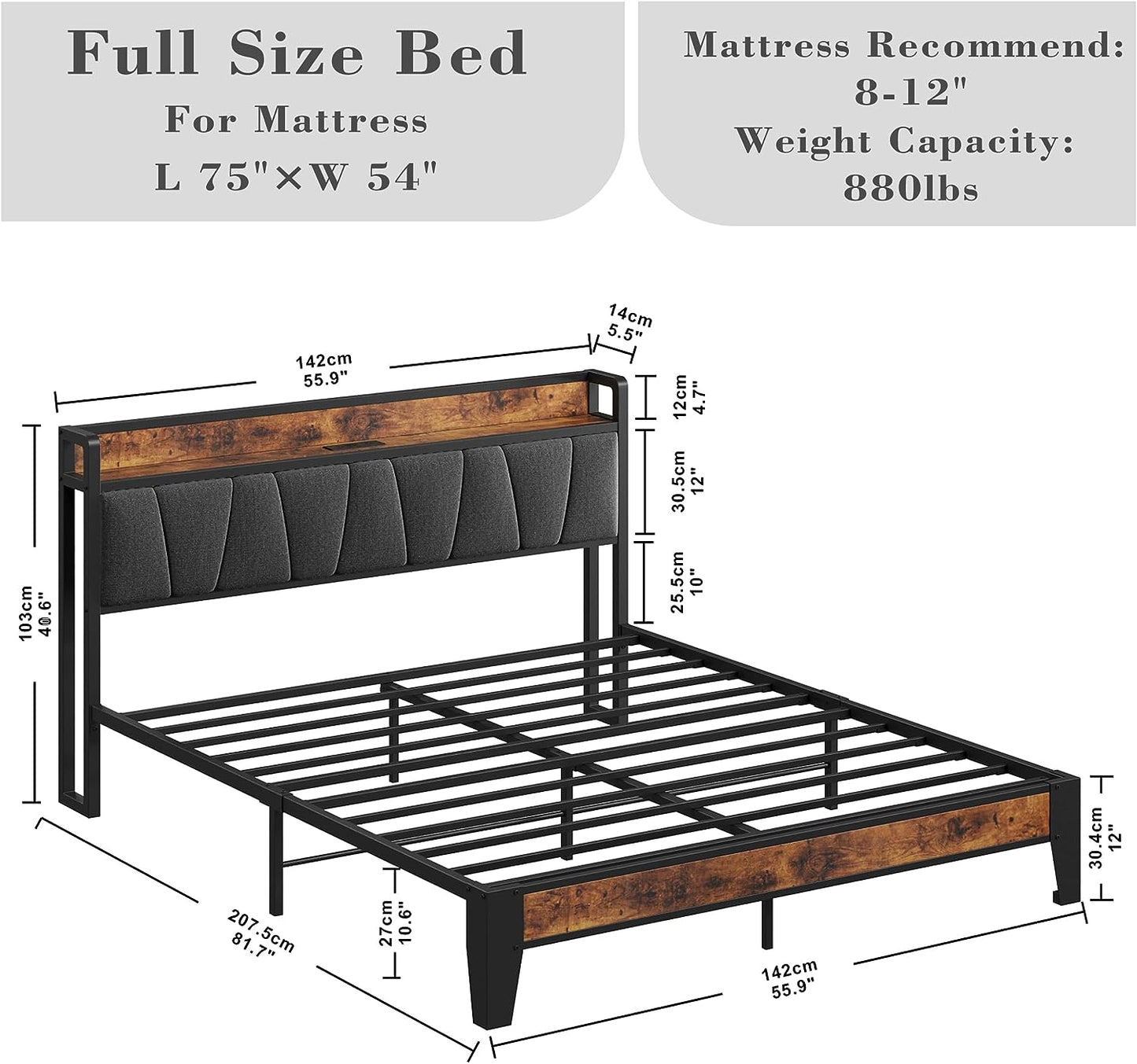 LIKIMIO Storage Headboard Bed Frame with Charging Station Grey