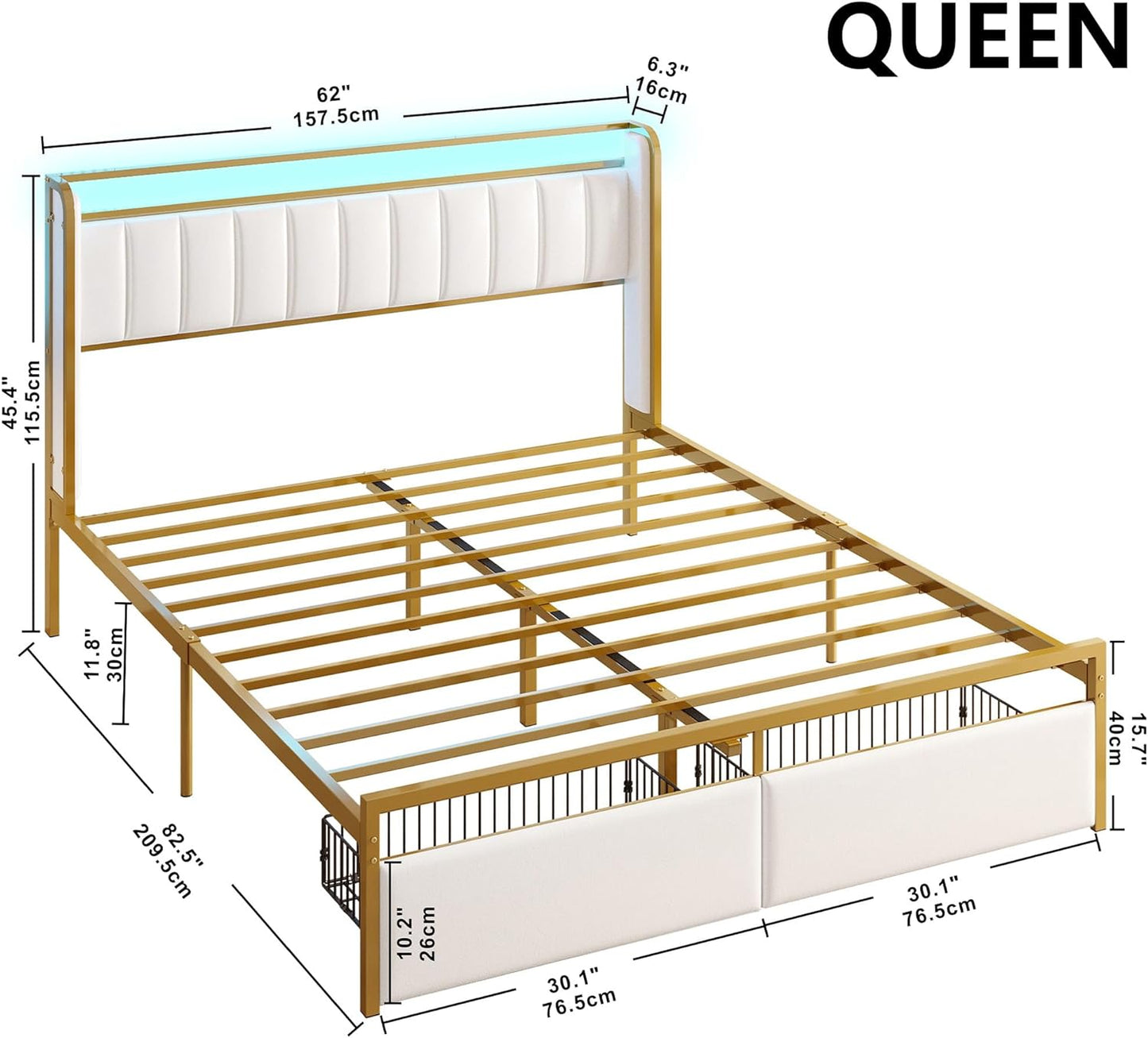 White Modern Upholstered Bed Platform with Drawers