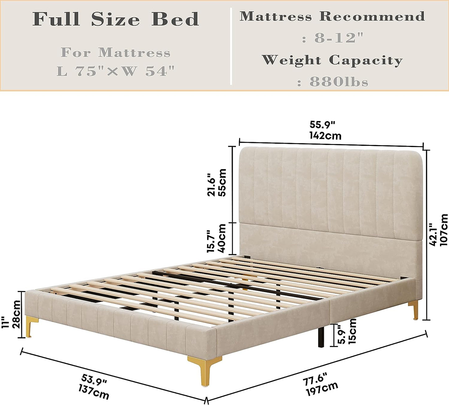 Platform Bed Frame with Upholstered Headboard Beige