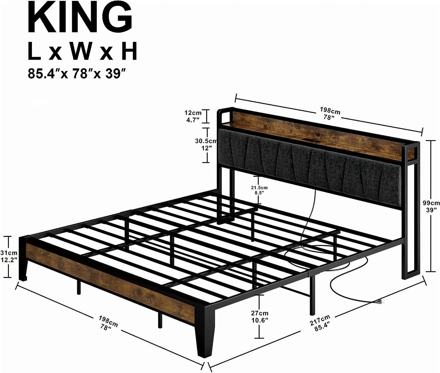 LIKIMIO Storage Headboard Bed Frame with Charging Station Grey