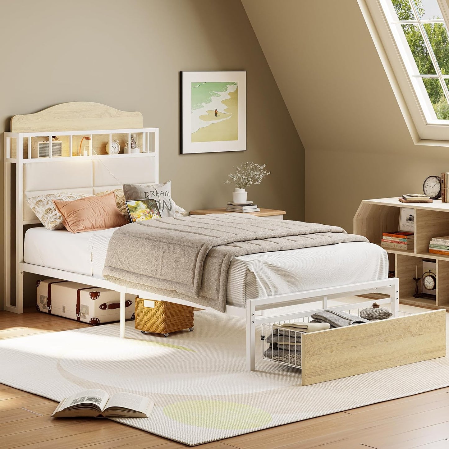 LIKIMIO Bed with Guardrail & Bedside Caddy White