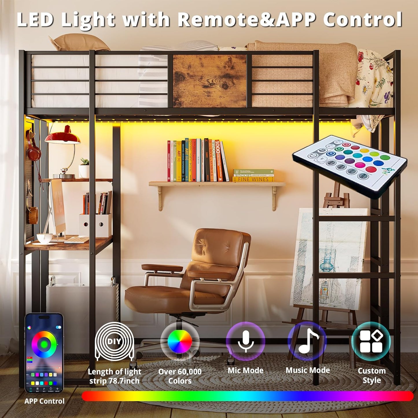 Loft Bed with Desk, Shelves and LED Lights