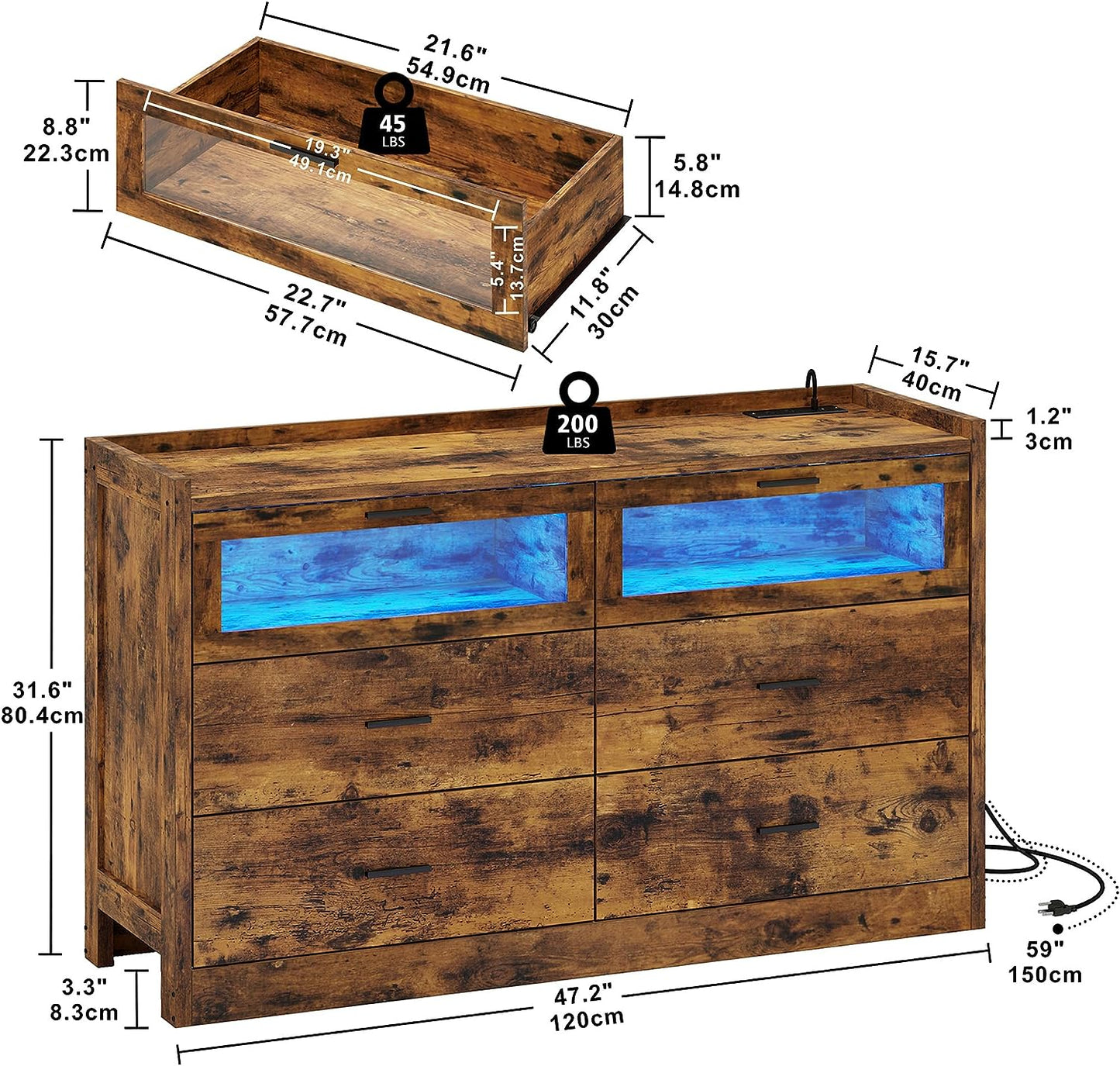 47" LED Dresser with 6 Drawers Brown