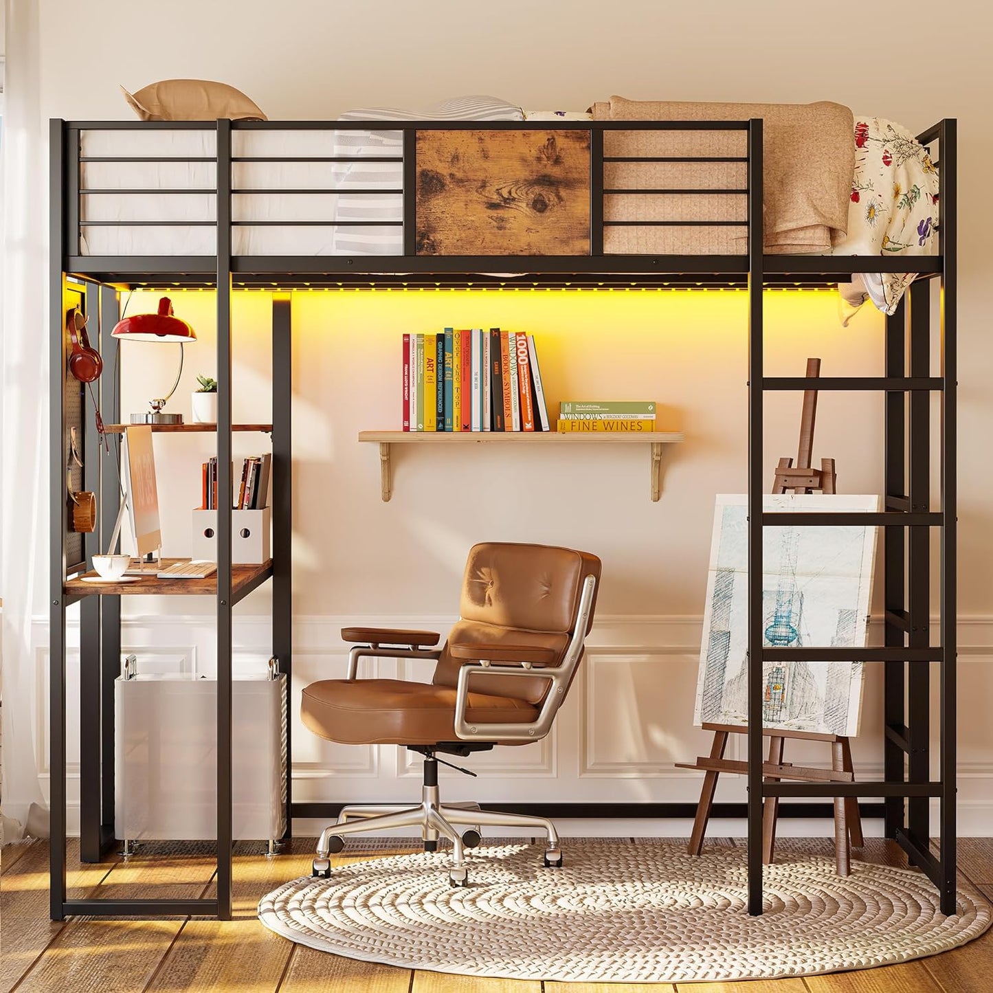Loft Bed with Desk, Shelves and LED Lights