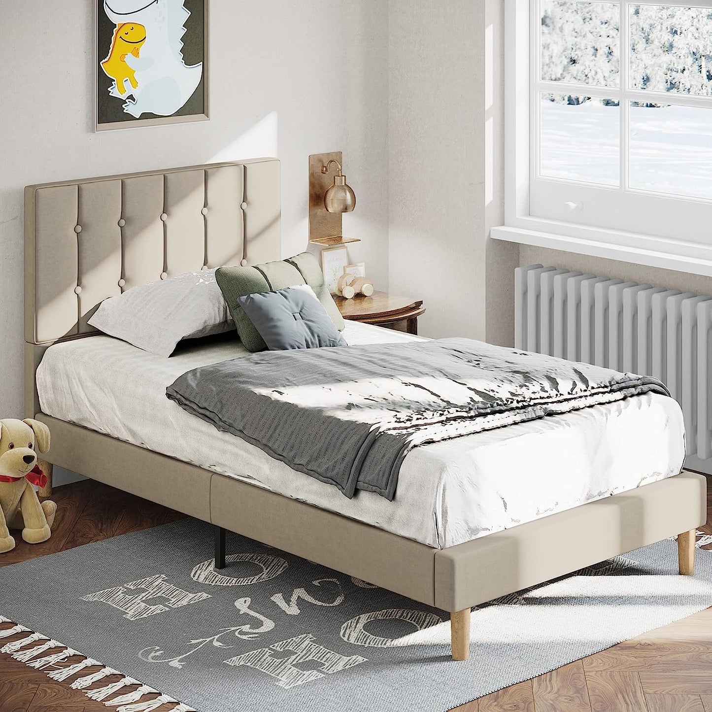 LIKIMIO Velvet Upholstered Platform Beds Beige