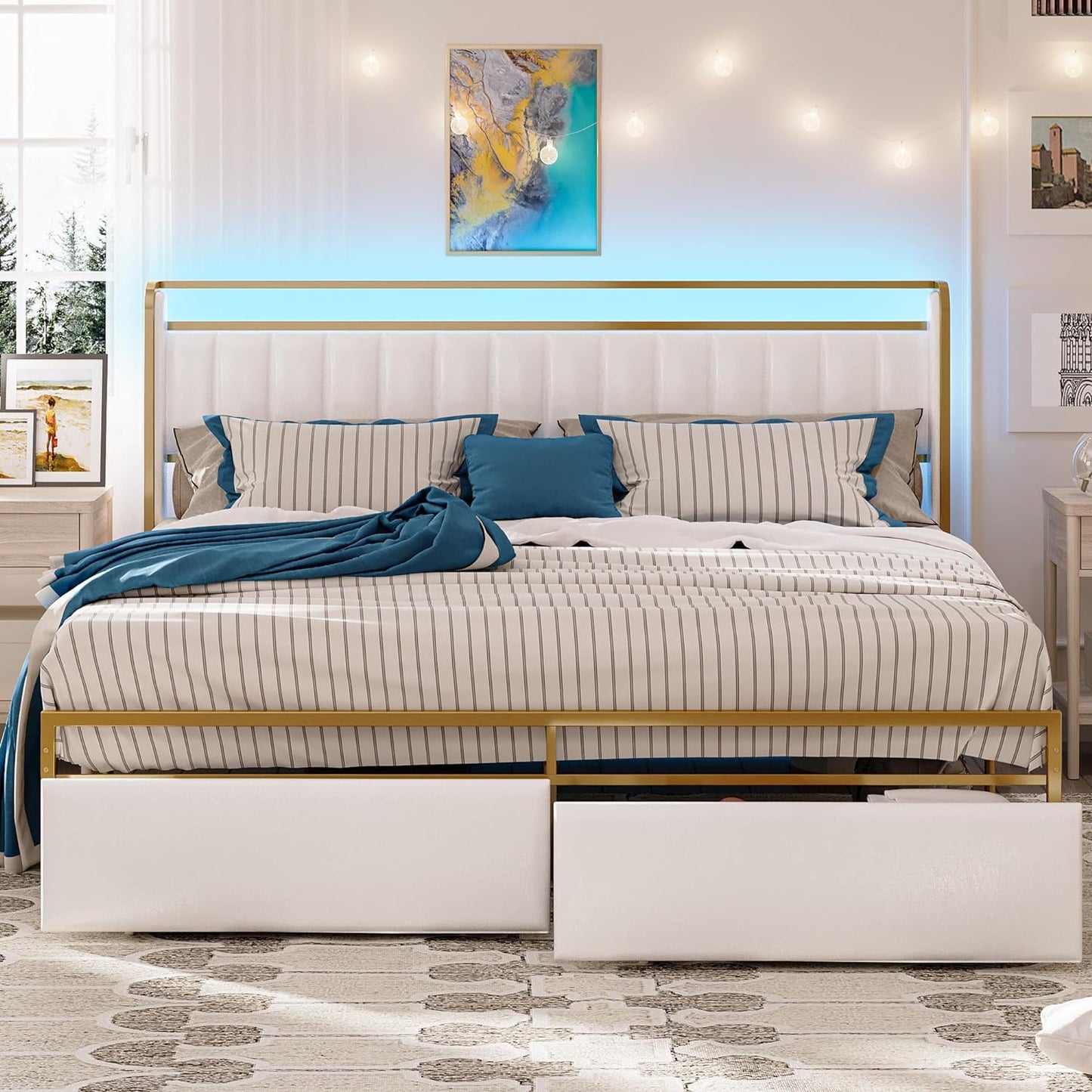 White Modern Upholstered Bed Platform with Drawers