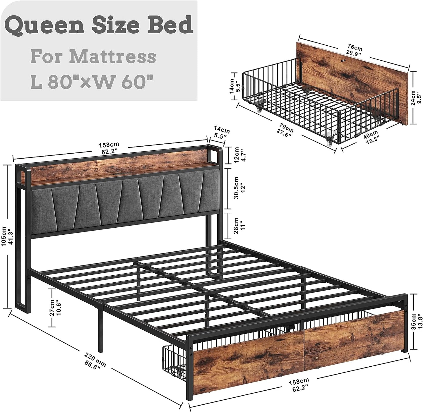 Storage Bed Frame with Charging Station