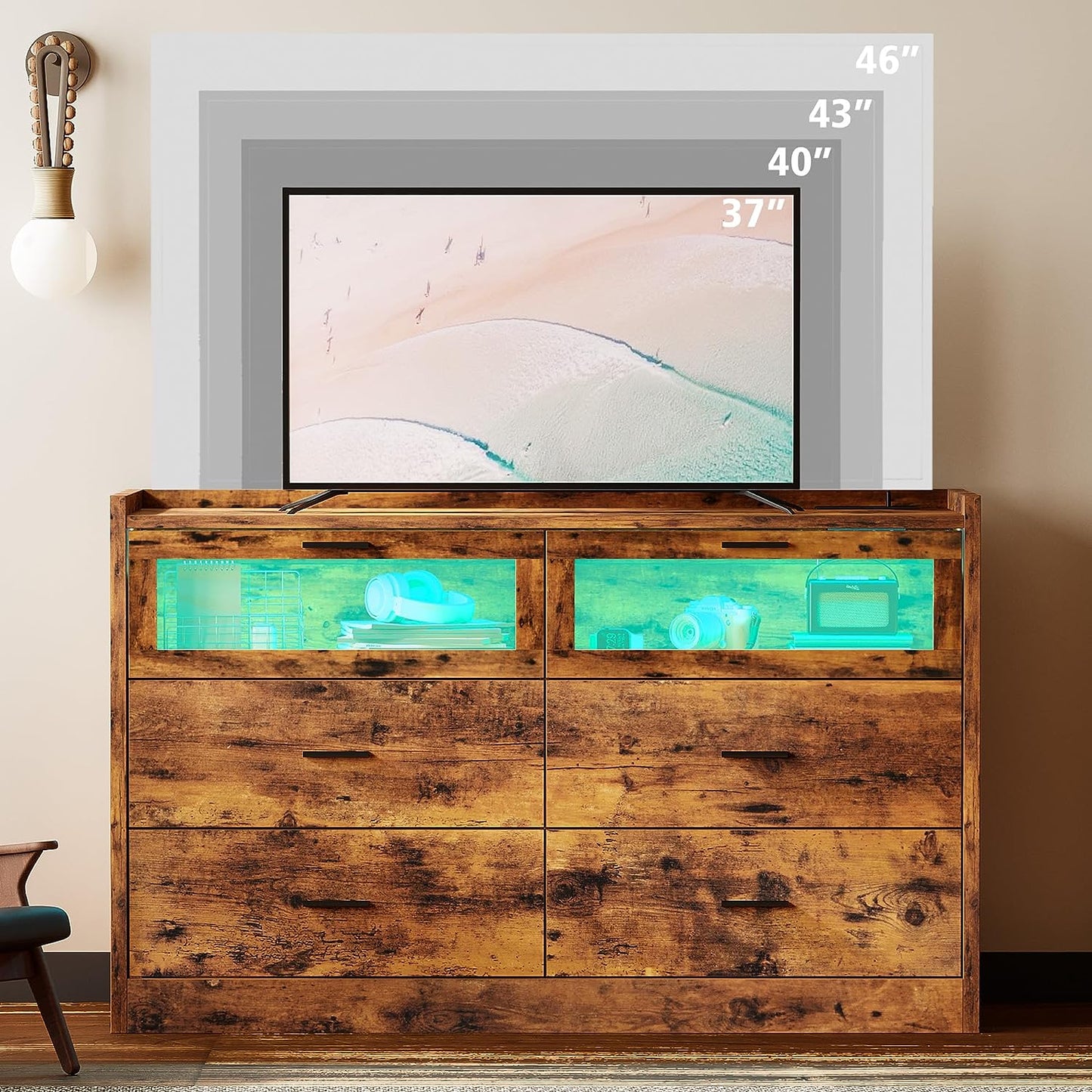 47" LED Dresser with 6 Drawers Brown