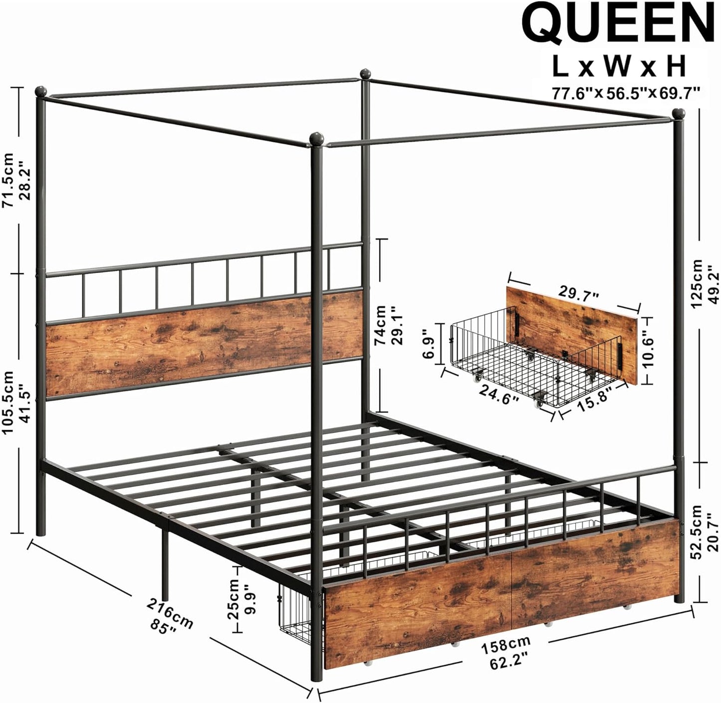 LIKIMIO Canopy Bed Frame with Drawers