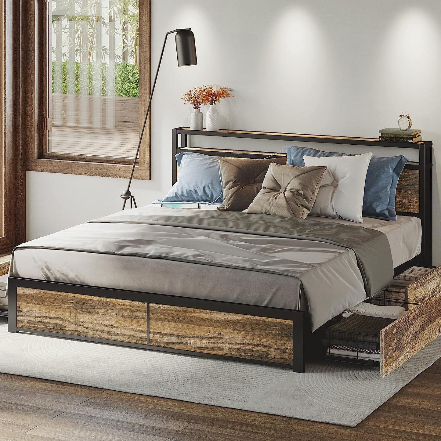 Rustic Brown Bed Frame with 4 Drawers