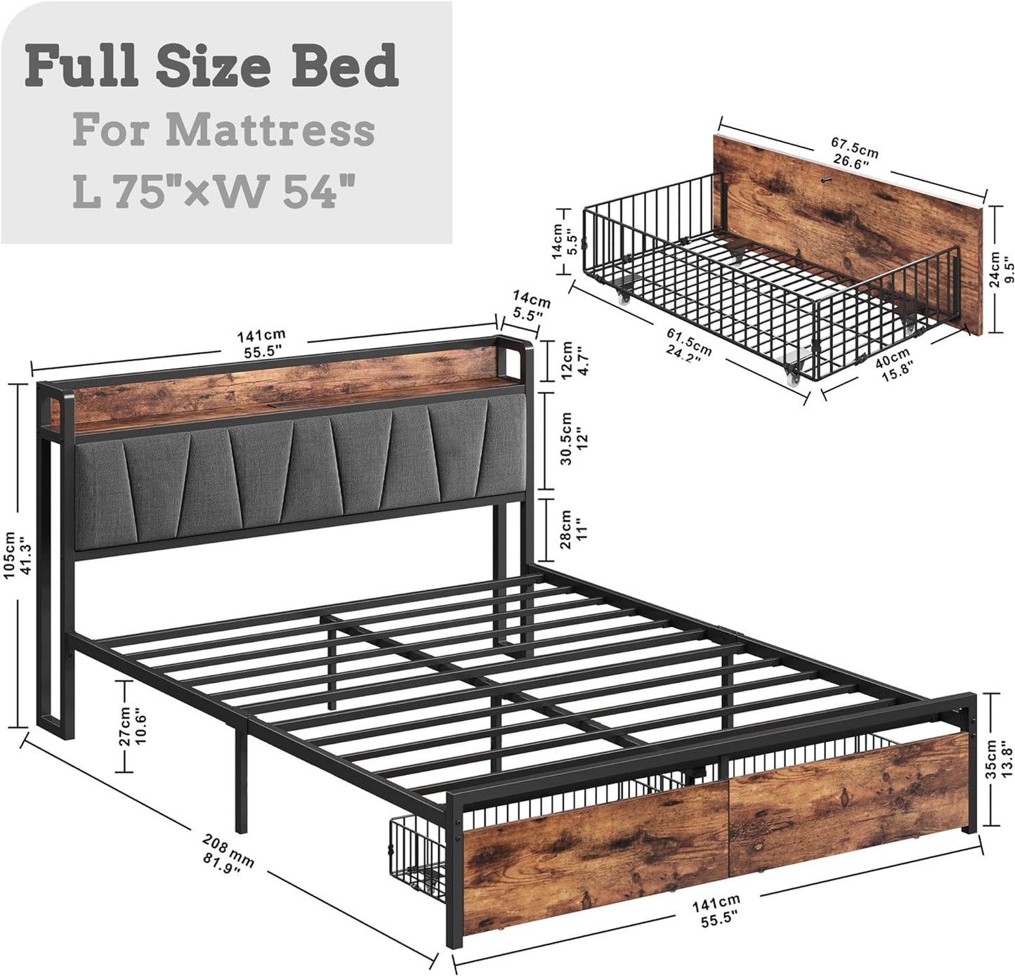 Storage Bed Frame with Charging Station