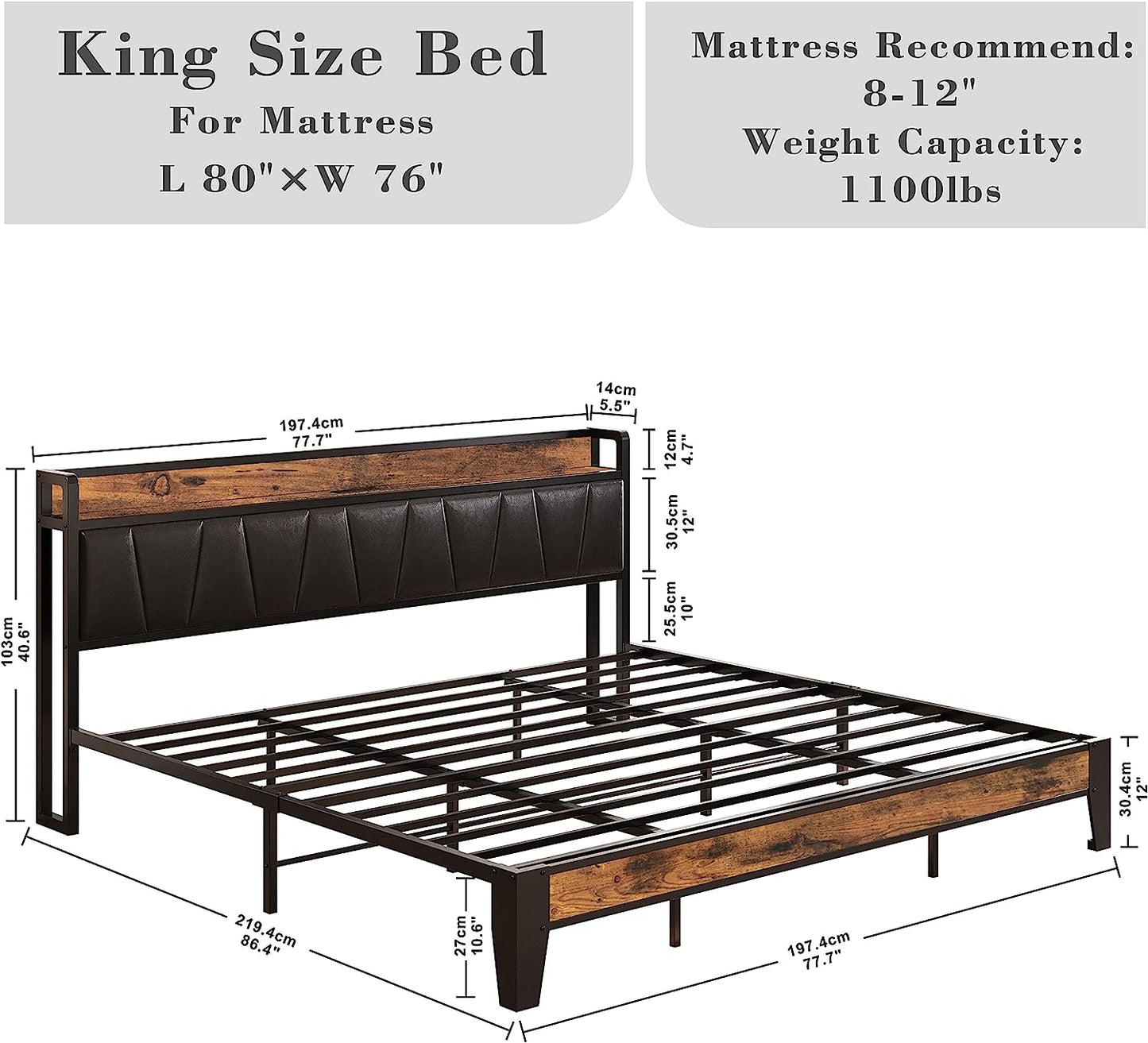 LIKIMIO Storage Headboard Bed Frame with Charging Station Black