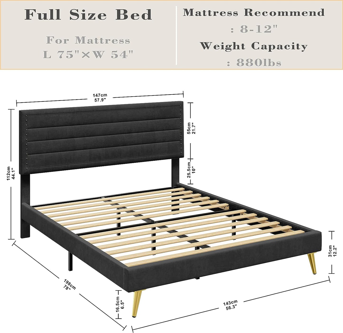 Noise-Free Black Upholstered Platform Bed with Headboard