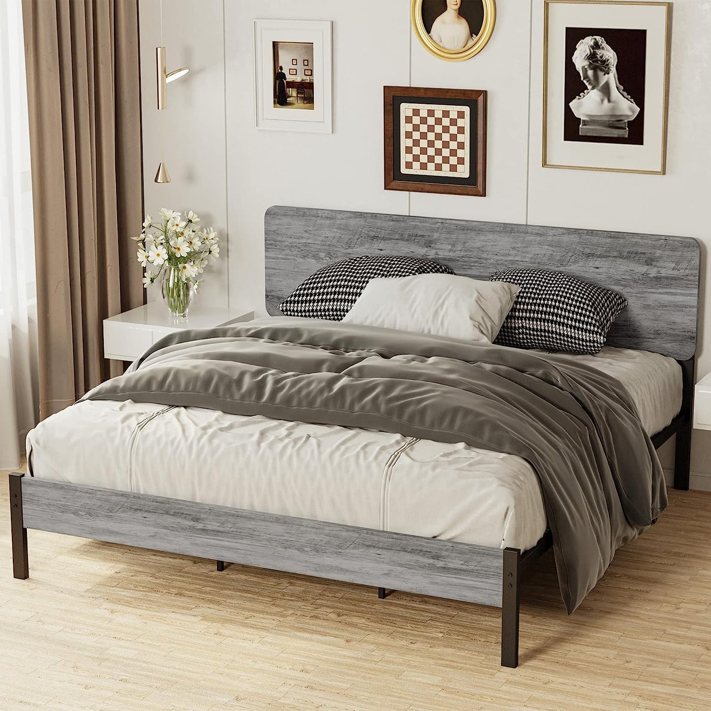 Metal Bed Frame with Headboard Industrial Gray