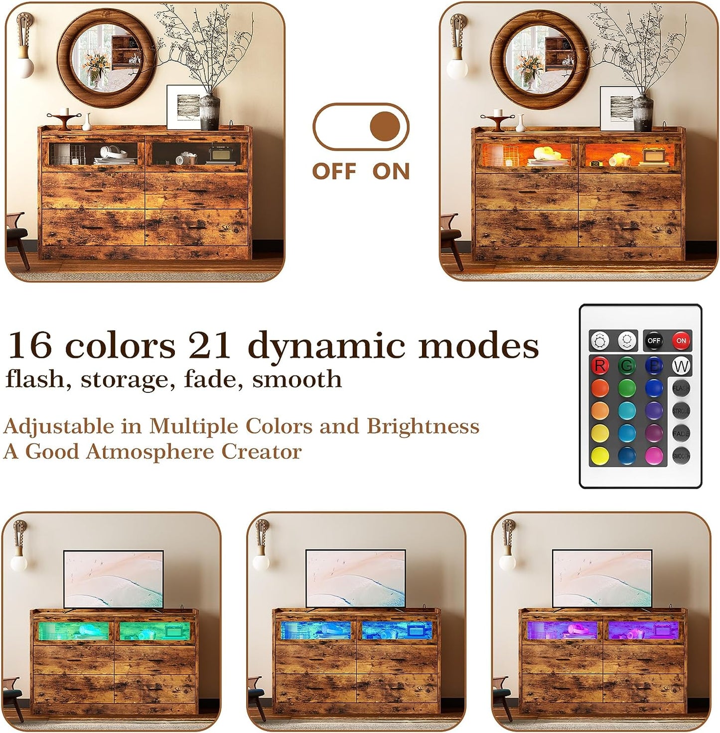 47" LED Dresser with 6 Drawers Brown