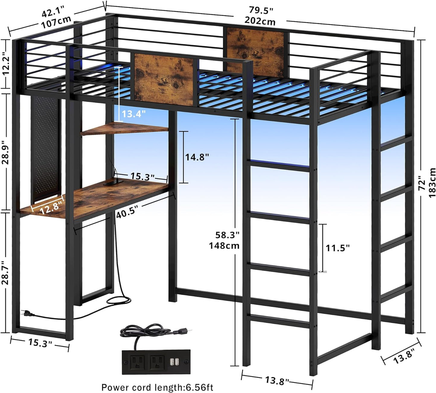 Loft Bed with Desk, Shelves and LED Lights