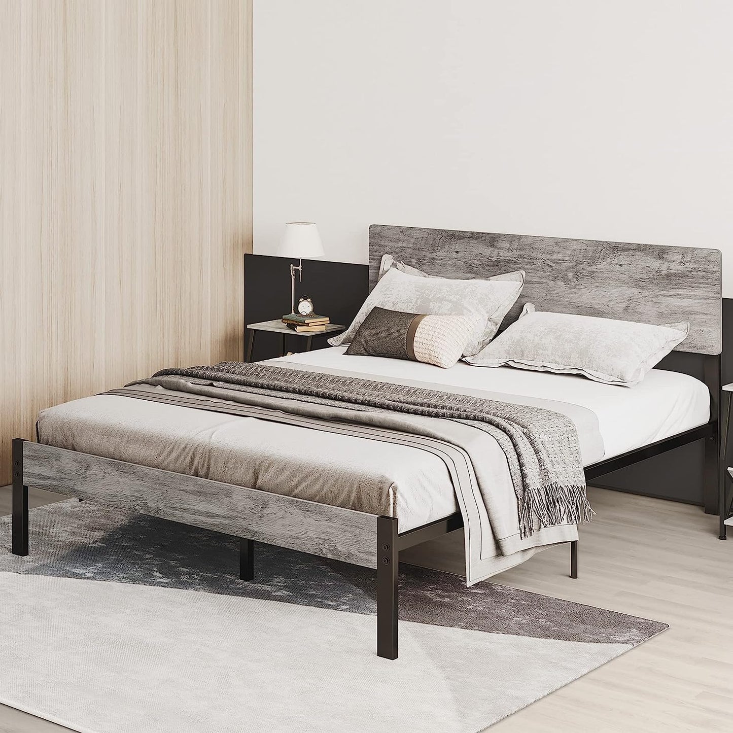 Metal Bed Frame with Headboard Industrial Gray