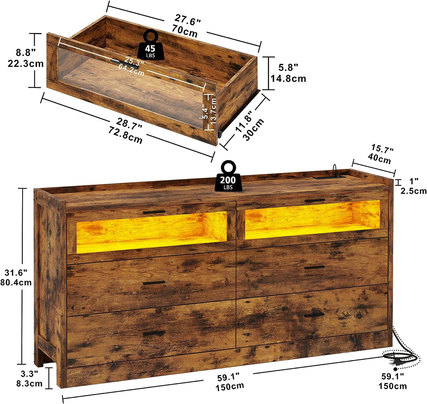 59" LED Dresser Rustic Brown