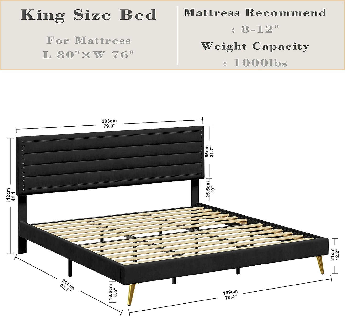 Noise-Free Black Upholstered Platform Bed with Headboard