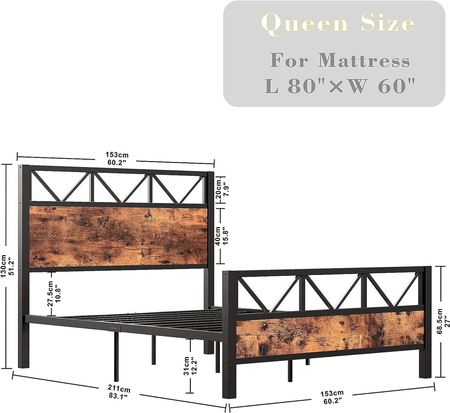 Vintage Brown Tall Headboard Bed Frame