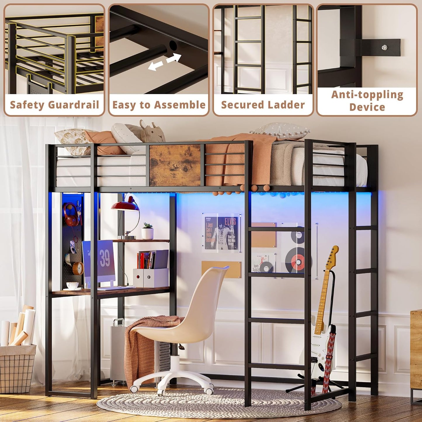 Loft Bed with Desk, Shelves and LED Lights
