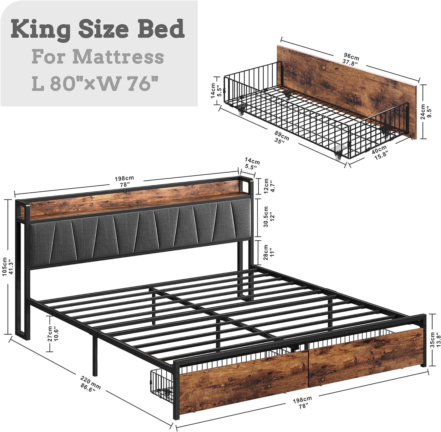 Storage Bed Frame with Charging Station