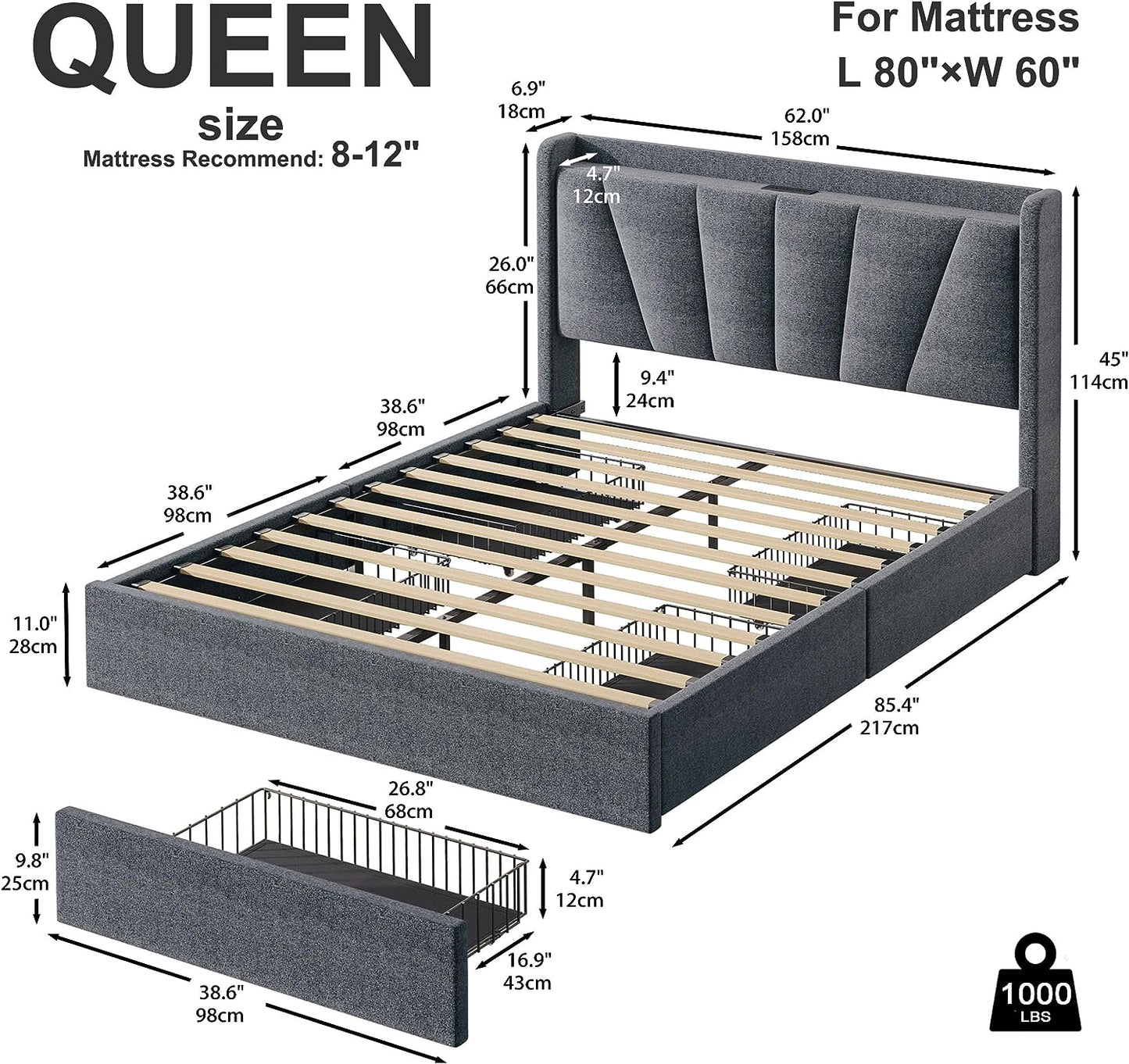 4 Drawers Upholstered Headboard Bed