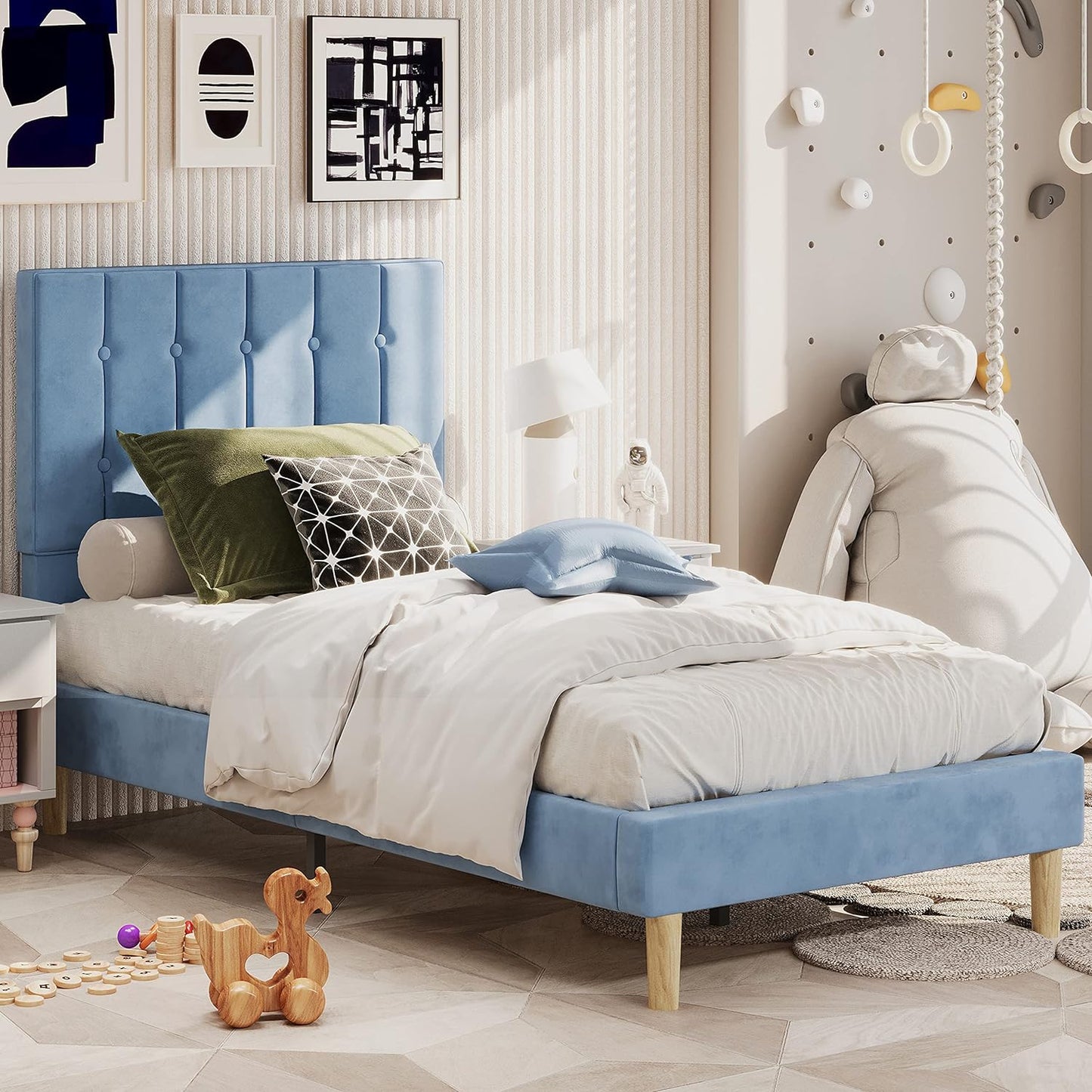 LIKIMIO Velvet Upholstered Platform Bed Light Blue