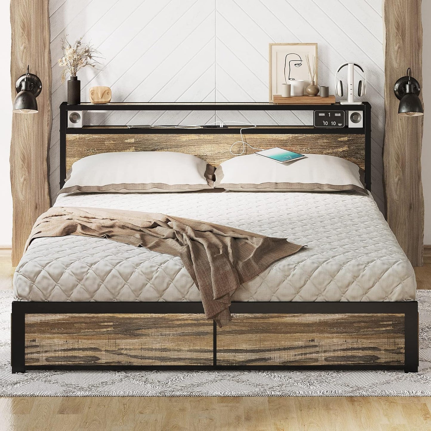 Rustic Brown Bed Frame with 4 Drawers