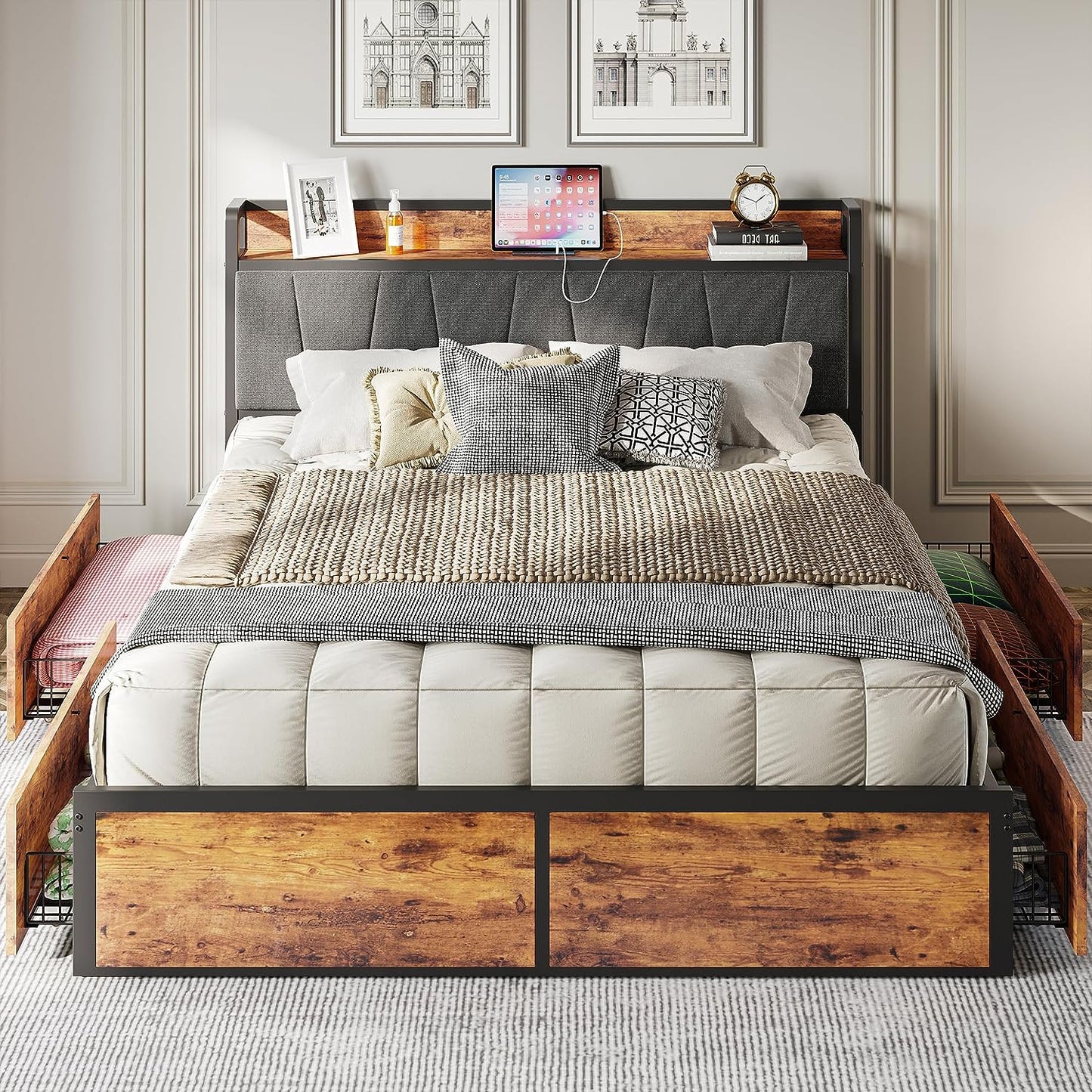 4 Drawers Platform Bed with Charged Headboard